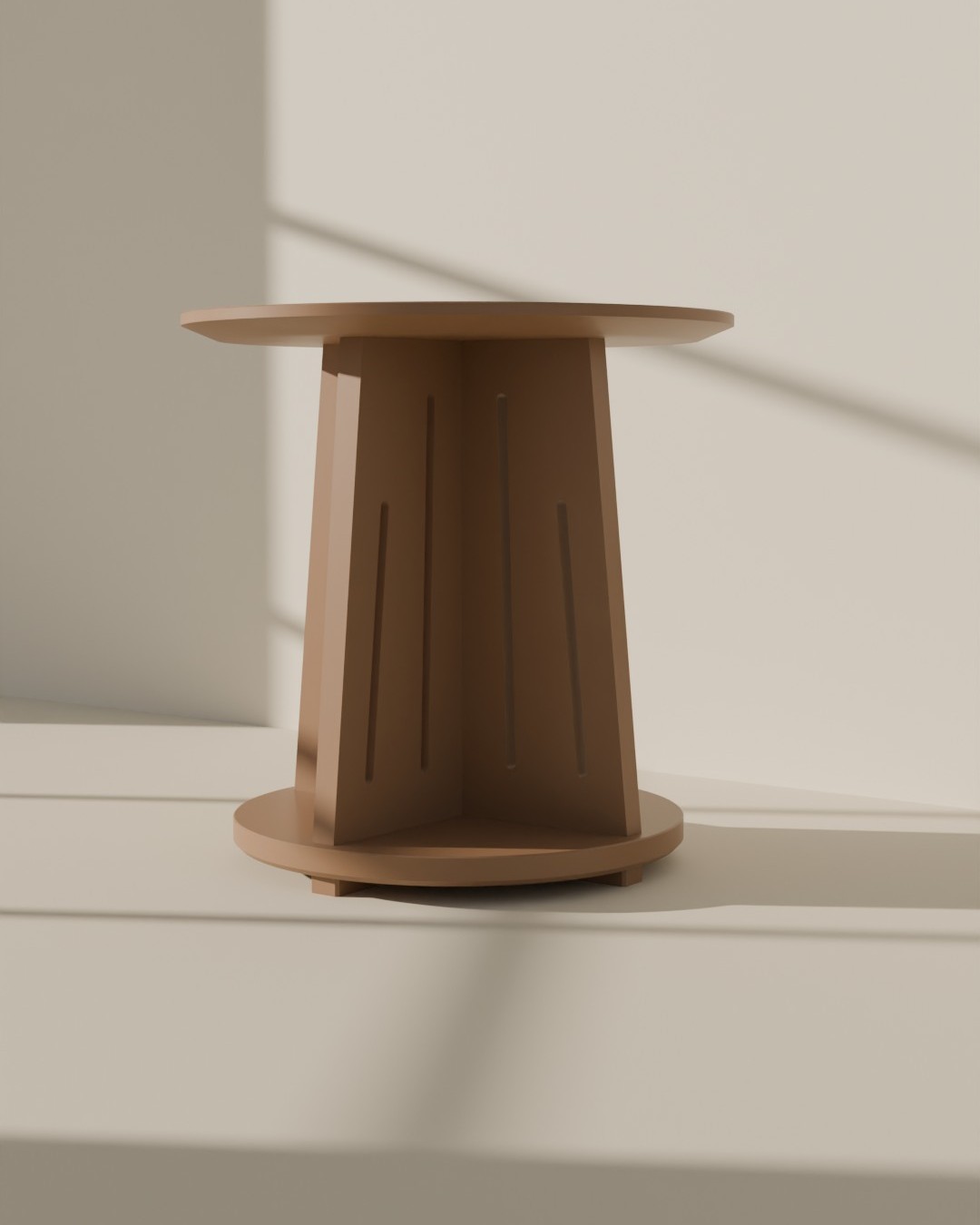 No. 001 in three-quarter view: two slabs crossed into four legs, two slots in each wing, under the 24-inch top. Render.