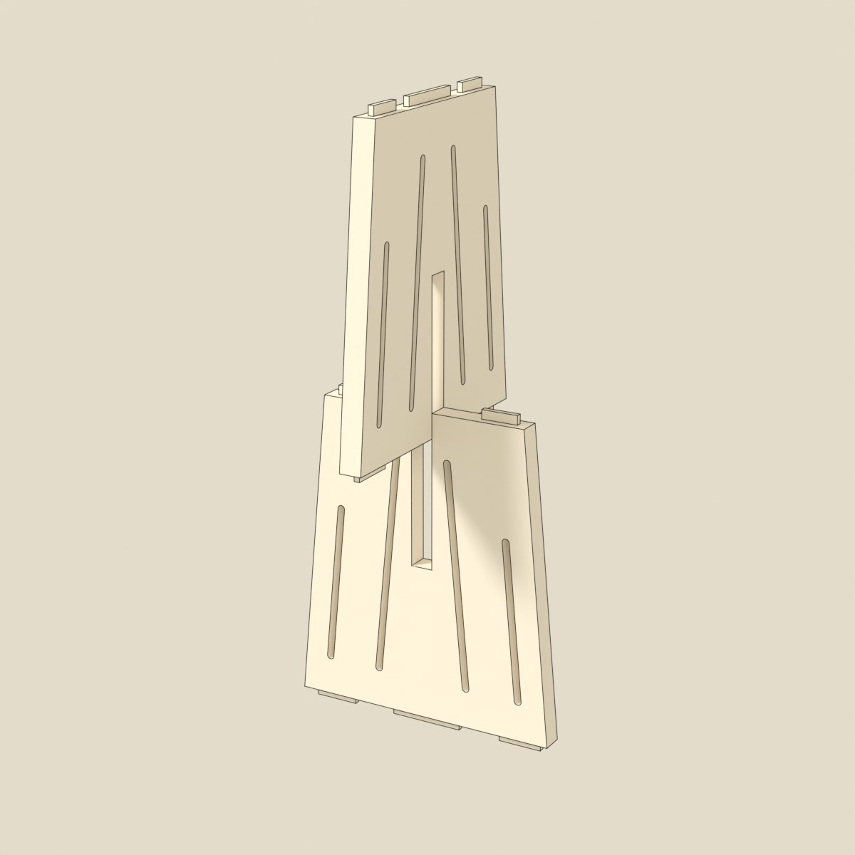 The cross-halving of No. 001: one slab above the other, both notches showing, before they slide together. Ink-outlined model.
