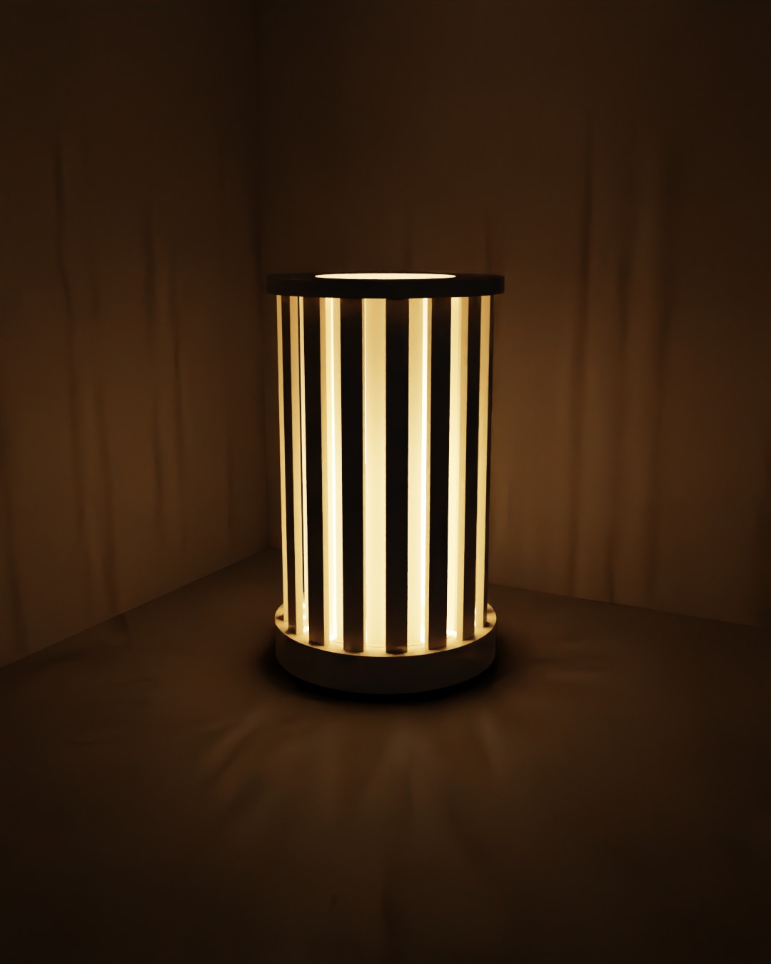 The lamp turned closed: the outer slats cover the gaps and the stripes soften. Render.
