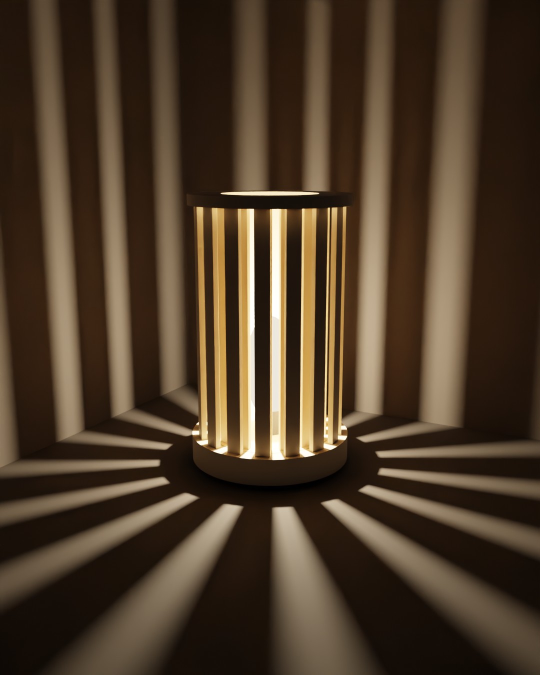 No. 002, the Vuelta Lamp, lit in a dark room, its outer cage open and stripes of light on the wall and floor. Render.