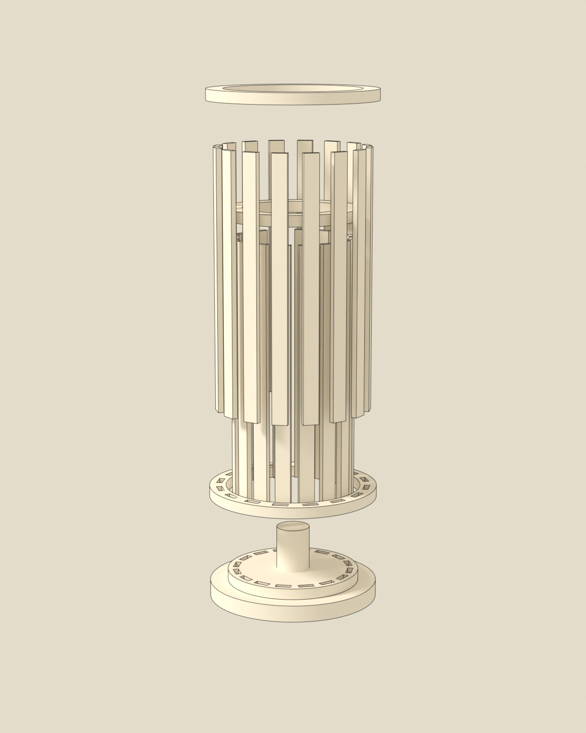 The Vuelta Lamp exploded: base, inner cage, outer cage, rings and socket, numbered. Ink-outlined model.