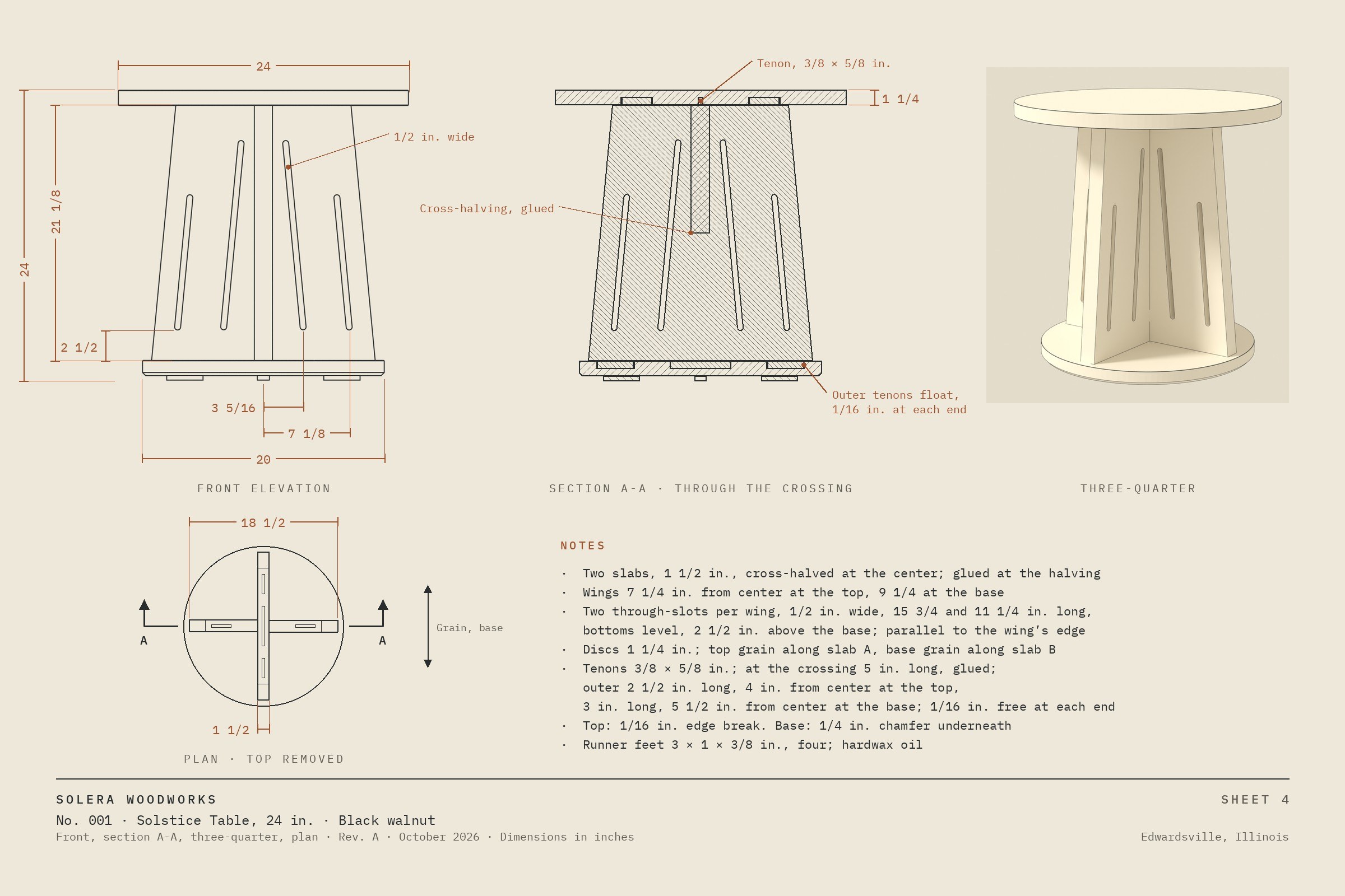 Sheet 4 for No. 001: front elevation, section, three-quarter and plan, dimensioned, with a title block.