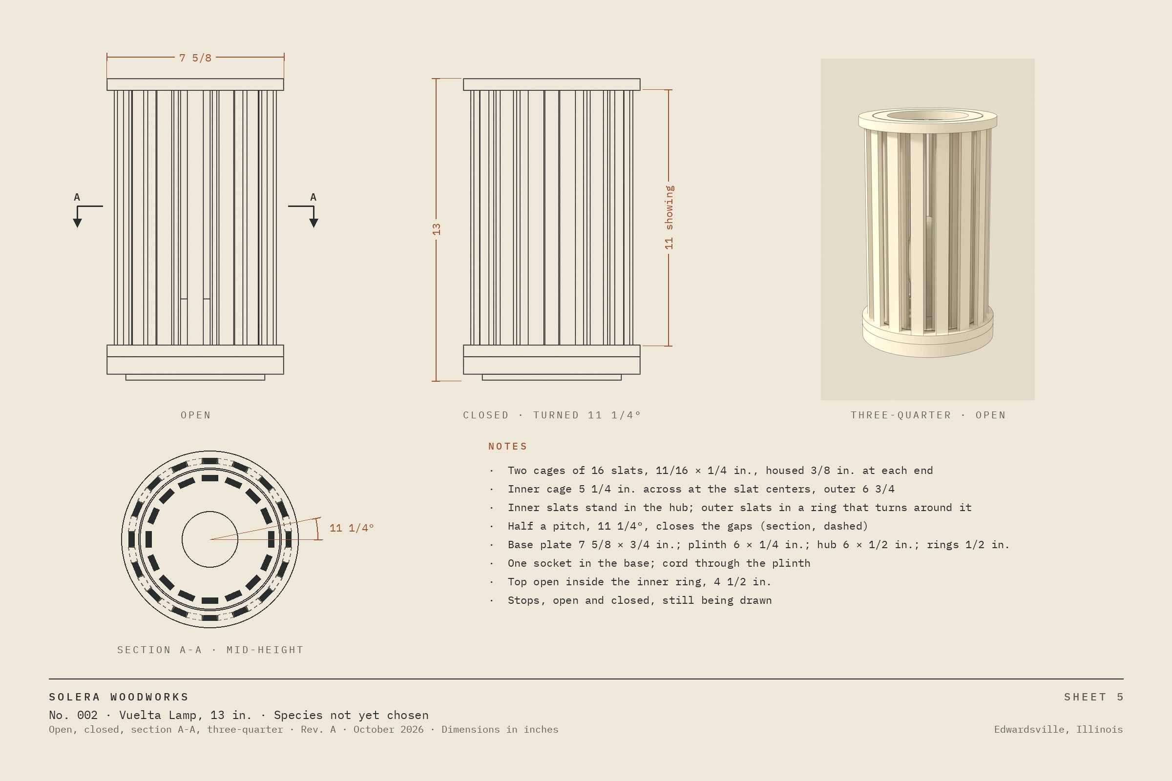 Sheet 5: the Vuelta Lamp open and closed in elevation, a section at mid-height with the closed cage dashed, and the three-quarter view, with dimensions.