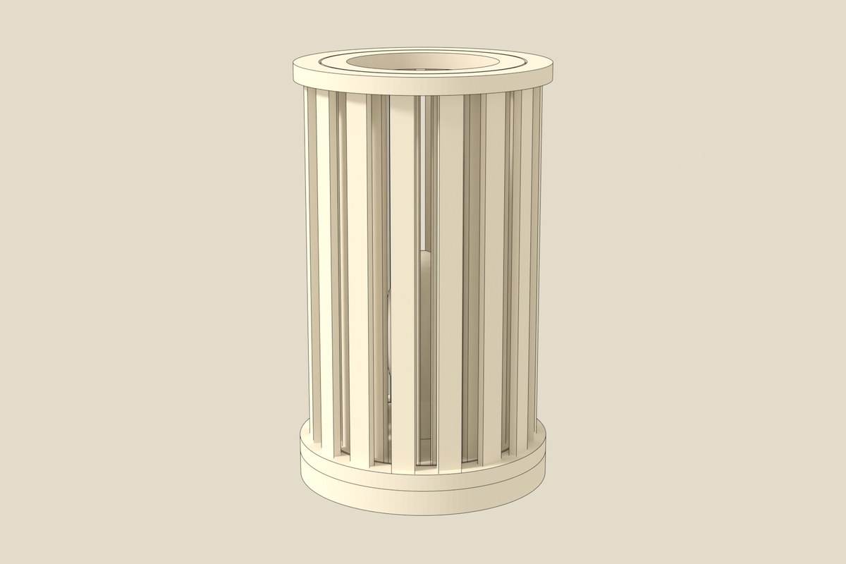 The lamp as an ink-outlined model, three-quarter view.